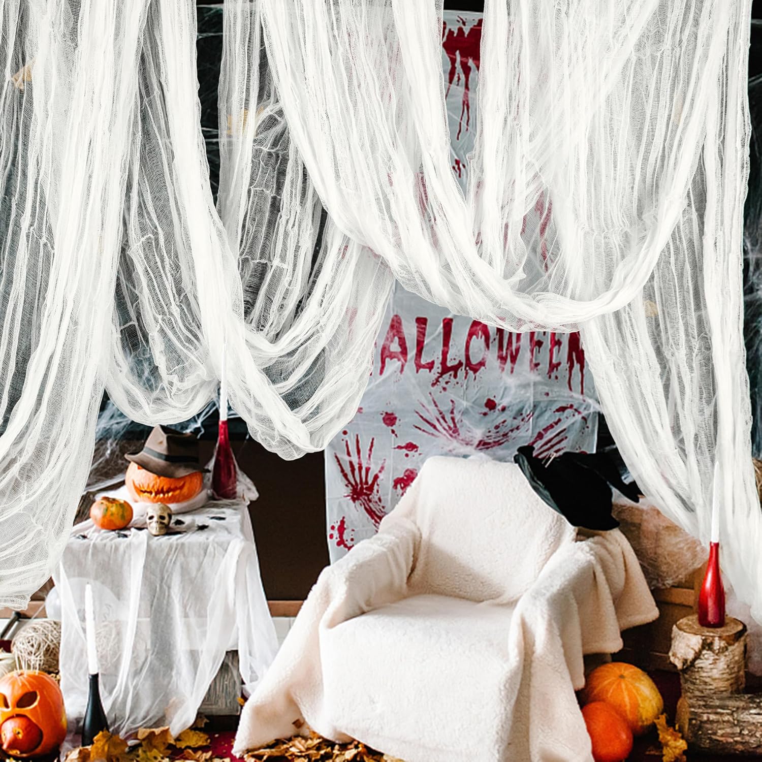 197" x 85" Halloween Creepy Cloth - Halloween Spooky Fabric Cloth - Scary Gauze Blood Creepy Cloth for Haunted House Halloween Party Yard Wall Doorway Outdoors Decoration