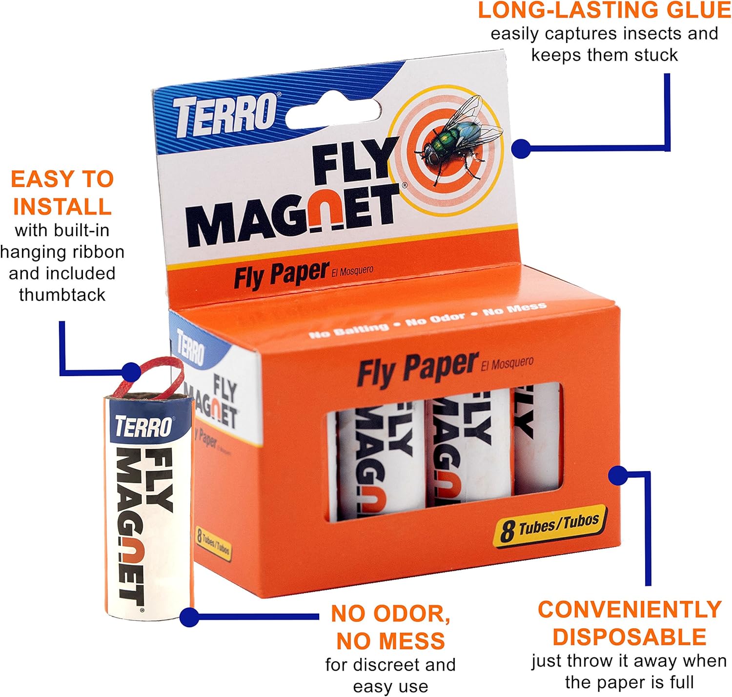 TERRO T518 Fly Magnet Indoor Housefly, 8 Count Pack, Sticky Fly Trap Indoor Hanging
