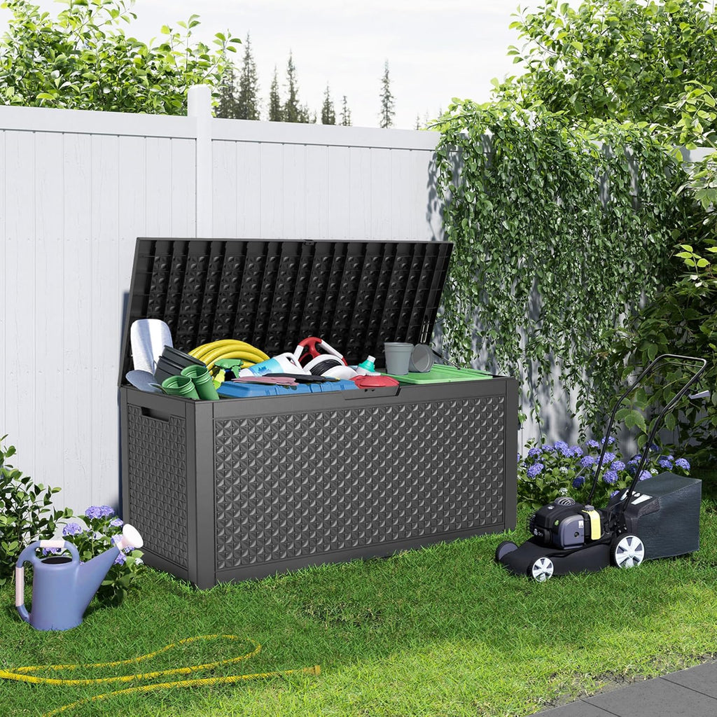 80 Gallon Resin Deck Box, Lockable Patio Outdoor Storage Box for Furniture, Garden Tools and Tools Storage, Waterproof Outside Storage Box - Black