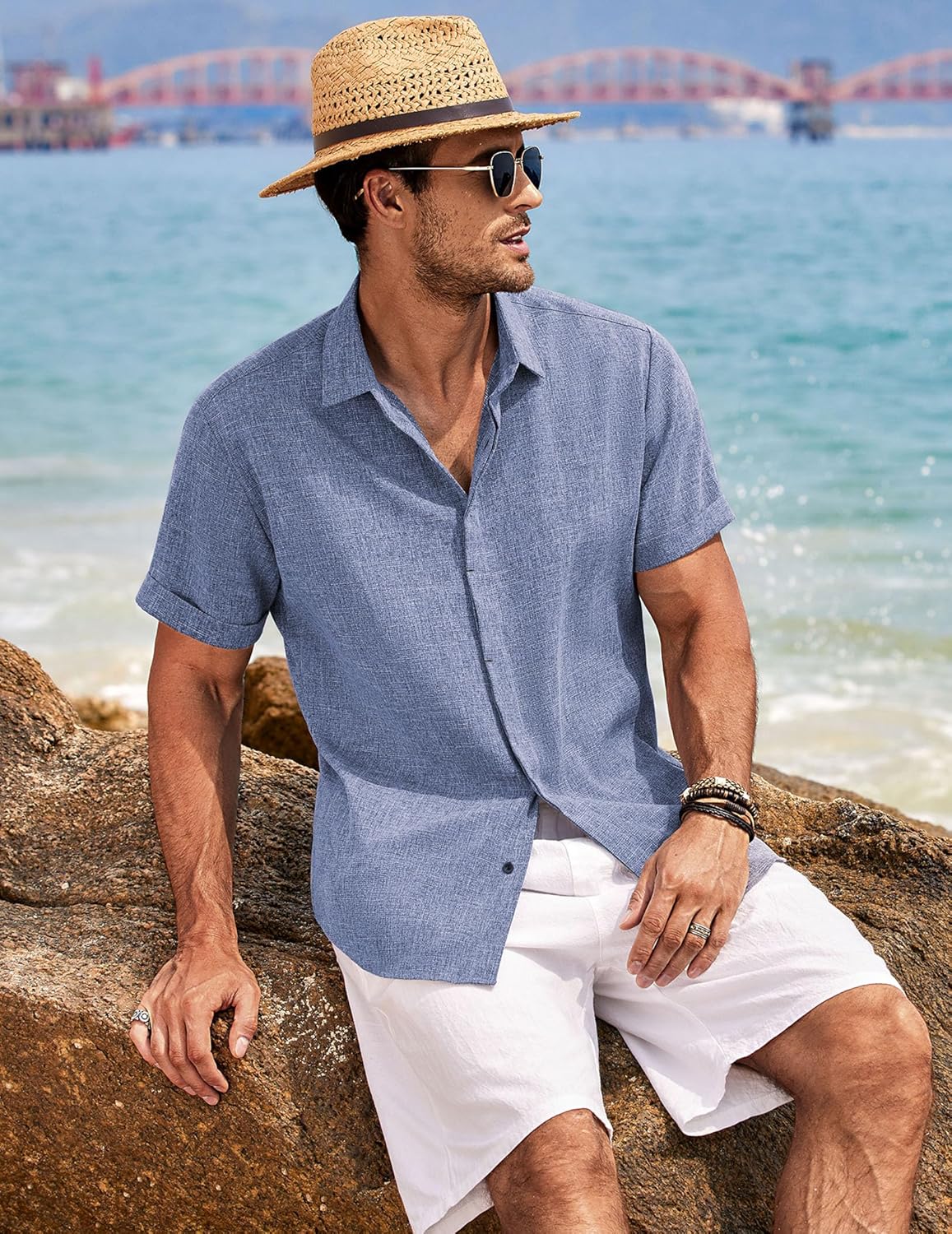 COOFANDY Men's Linen Shirts Short Sleeve Casual Shirts Button Down Shirt for Men Beach Summer Wedding Shirt