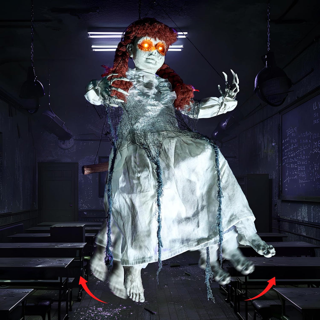 JOYIN Scary Halloween Decorations Outdoor, Halloween Hanging Scary Swing Girl Decorations Winging White Doll with Creepy Sound and Light Up Eyes Sound, Animatronics Hanging Decors Activated