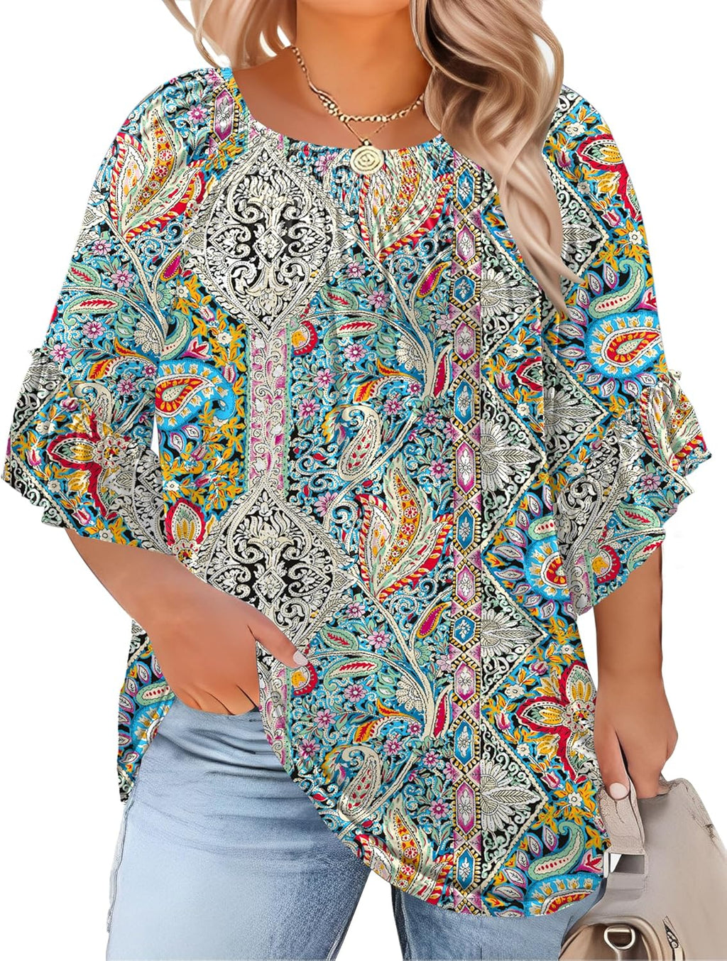 Micoson Womens Plus Size Tops 3/4 Ruffle Sleeve Shirts Crewneck Pleated Blouses Dressy Casual Fashion Tunic Top (1X-5X)