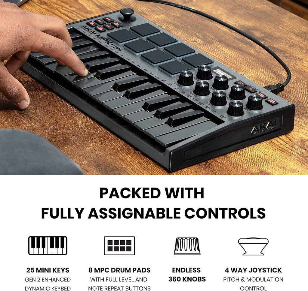 Akai Professional MPK Mini MK3 - 25 Key USB MIDI Keyboard Controller With 8 Backlit Drum Pads, 8 Knobs, Music Production Software and Native Instruments Sound Package (NKS Integration)