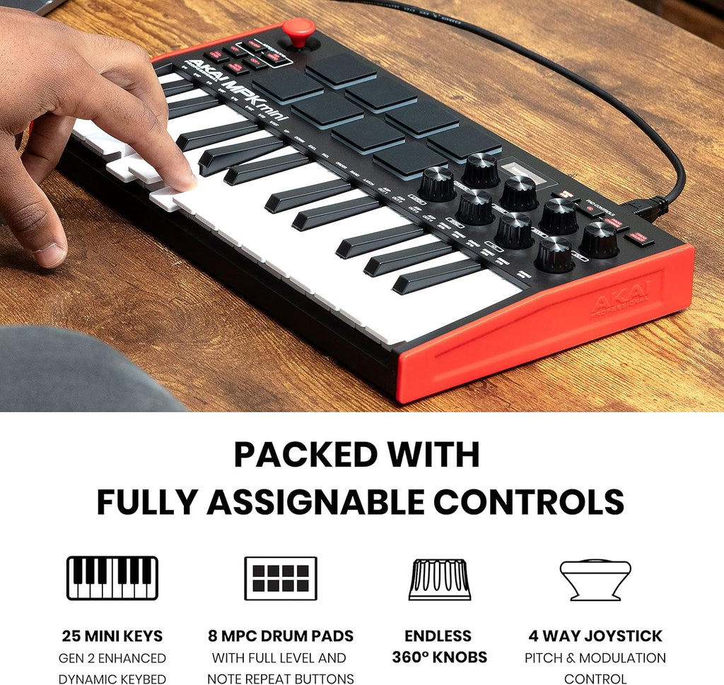 Akai Professional MPK Mini MK3 - 25 Key USB MIDI Keyboard Controller With 8 Backlit Drum Pads, 8 Knobs, Music Production Software and Native Instruments Sound Package (NKS Integration)