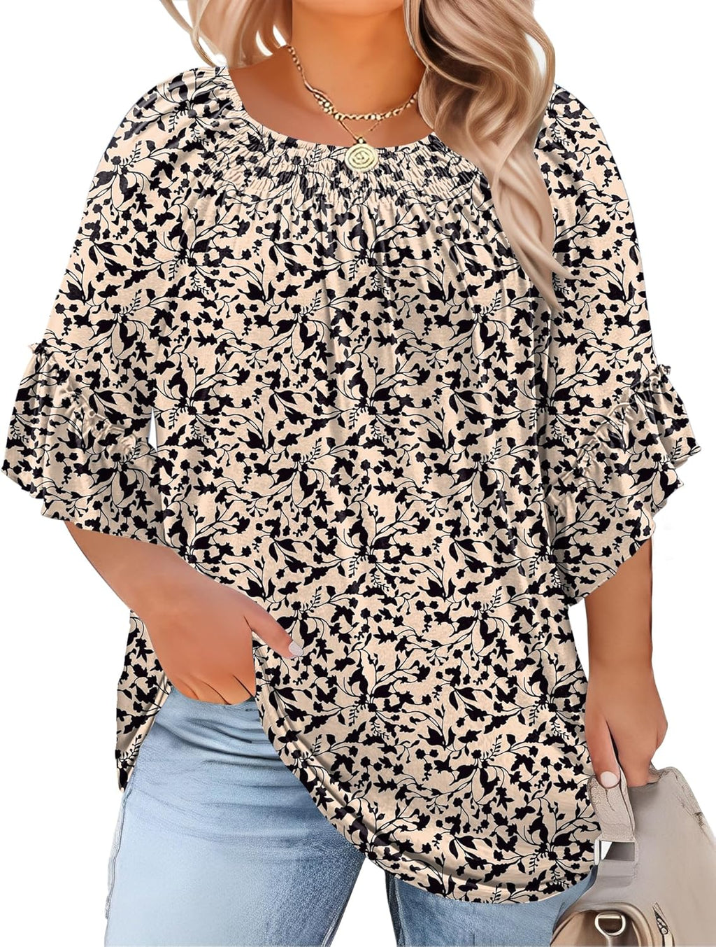 Micoson Womens Plus Size Tops 3/4 Ruffle Sleeve Shirts Crewneck Pleated Blouses Dressy Casual Fashion Tunic Top (1X-5X)