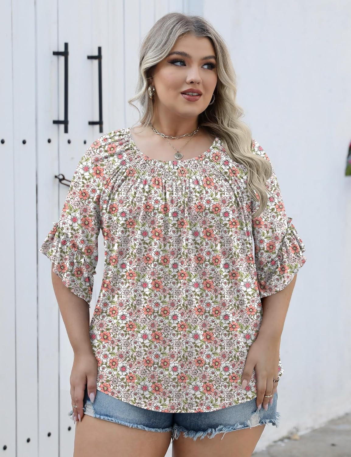 Micoson Womens Plus Size Tops 3/4 Ruffle Sleeve Shirts Crewneck Pleated Blouses Dressy Casual Fashion Tunic Top (1X-5X)