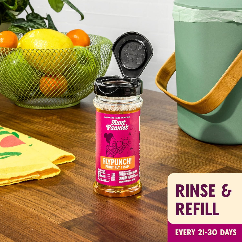Aunt Fannie's FlyPunch Fruit Fly Trap for Indoor and Kitchen Use, Ready to Use, Made with Plant Based Ingredients, Safe Near Food, Each Bottle Lasts Up to 30 Days, Pack of 2