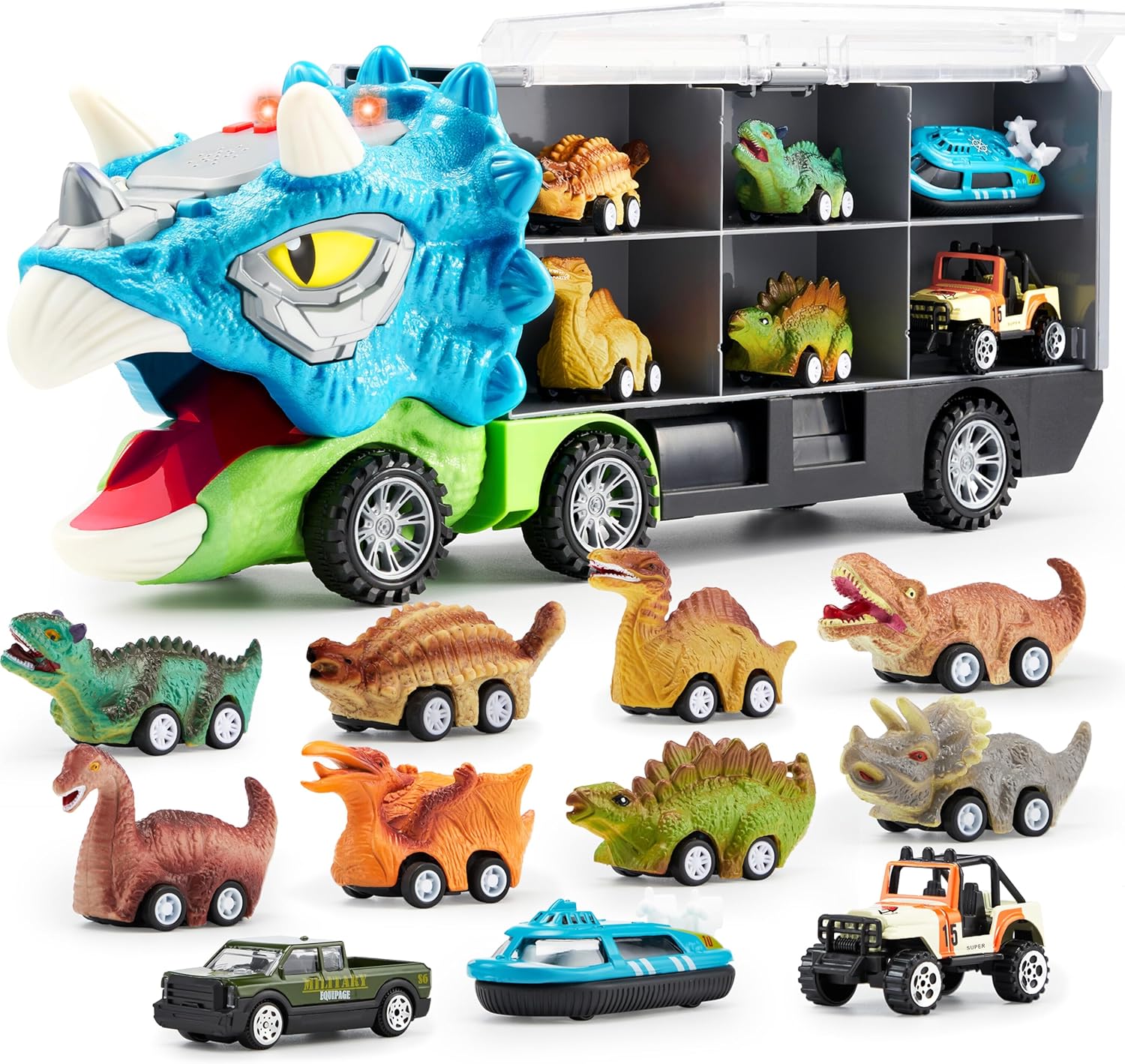 JOYIN 13 in 1 Dinosaur Toys for Kids 3-5, Dinosaur Truck with 12 Pull Back Cars, Birthday Gifts Toys for 3 4 5+ Year Old Boy, Transport Carrier Truck for Toddlers, Christmas Great Gifts for Grandkids