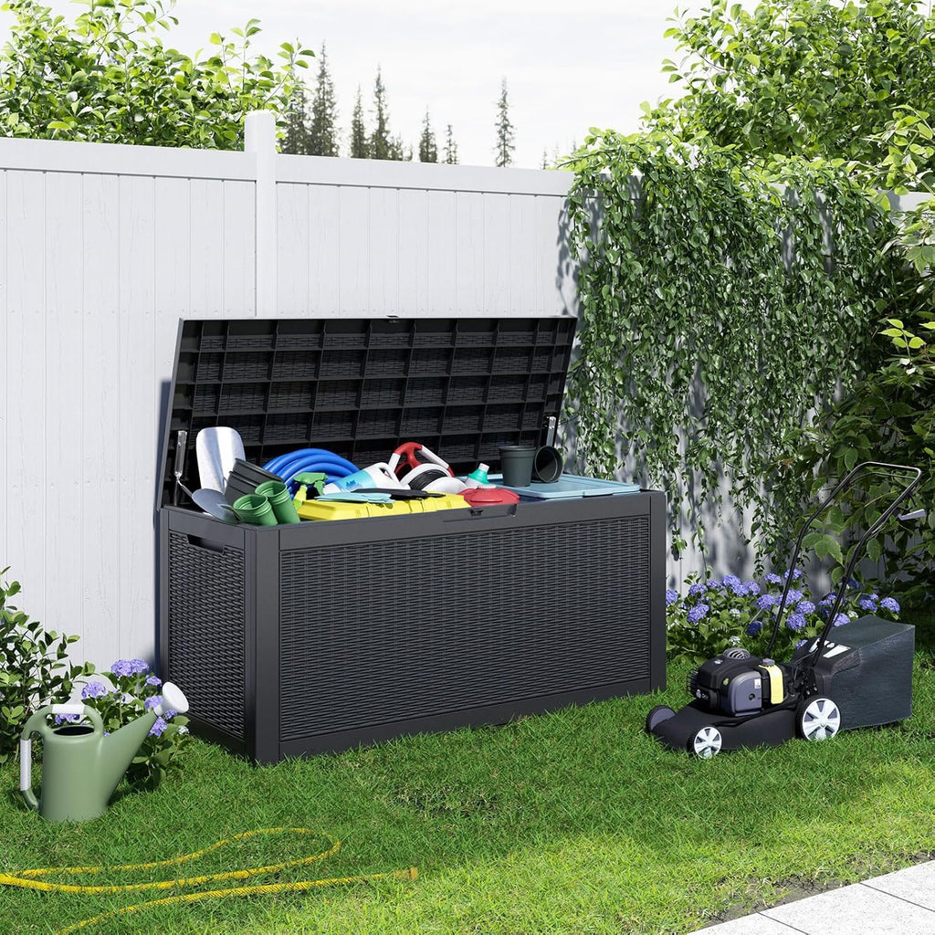 80 Gallon Resin Deck Box, Lockable Patio Outdoor Storage Box for Furniture, Garden Tools and Tools Storage, Waterproof Outside Storage Box - Black