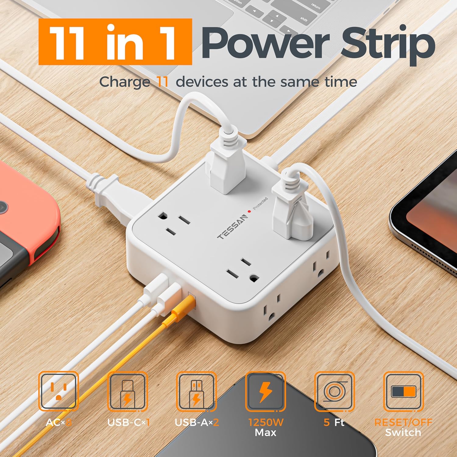 TESSAN Surge Protector Power Strip, 5 Ft Flat Plug Extension Cord with 3 USB (1 USB C) 8 Outlets, 900J Surge Protection, 3 Sided Outlet Extender with Power Switch for Office, Dorm Room Essentials