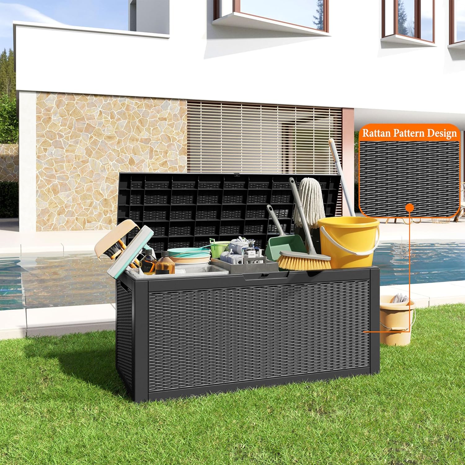 80 Gallon Resin Deck Box, Lockable Patio Outdoor Storage Box for Furniture, Garden Tools and Tools Storage, Waterproof Outside Storage Box - Black