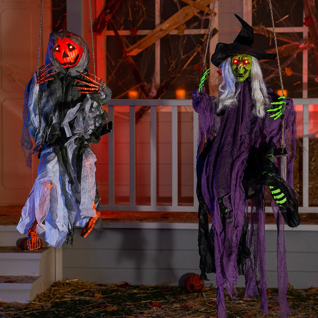 JOYIN 2 Pcs Halloween Hanging Swinging Ghosts Decorations Outdoor, Halloween Scary Decor with Lighted Up Eyes, Creepy Swinging Skeleton Flying Props for Yard Patio Lawn Garden