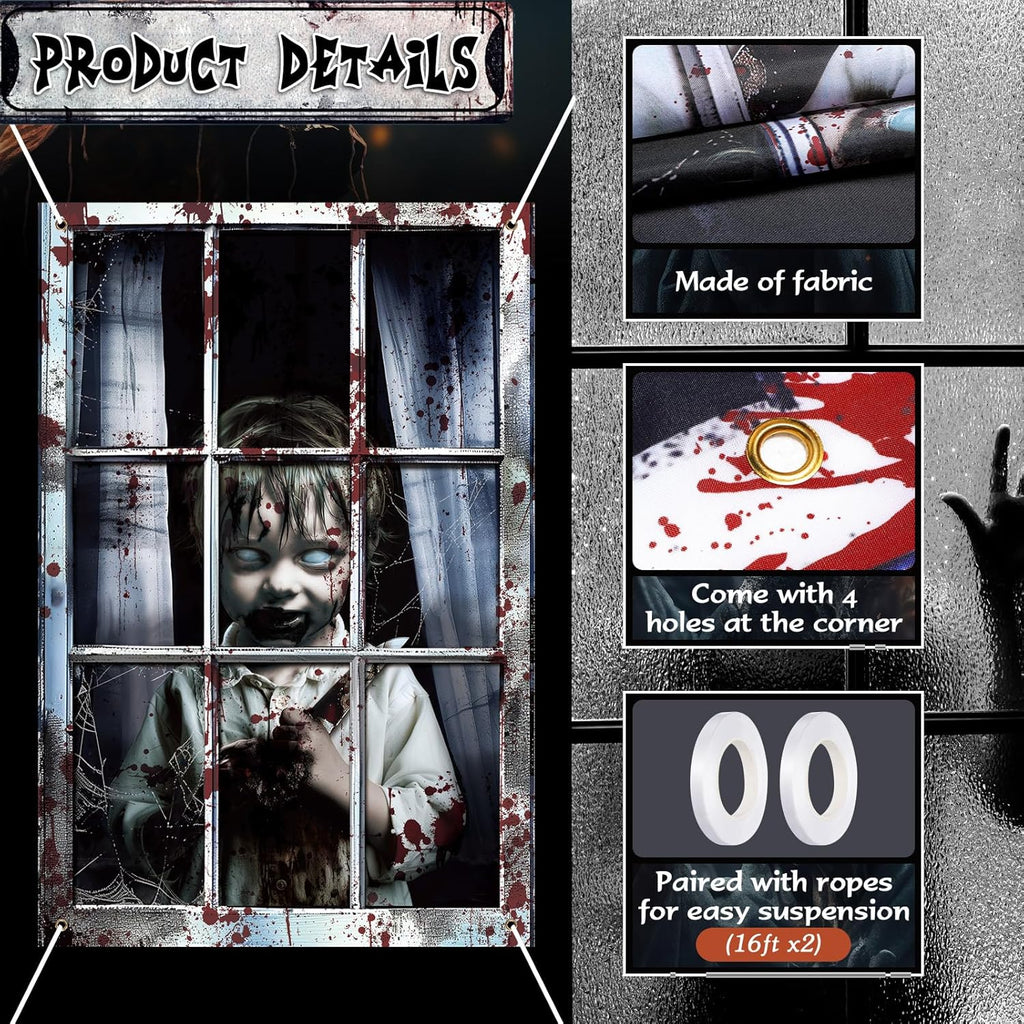 2 Pcs Halloween Clown Scary Curtain Halloween Window Silhouette Decoration Blood Ghost Window Cover Horror Theme Window Poster for Indoor Outdoor Party Wall Garage Door Decor