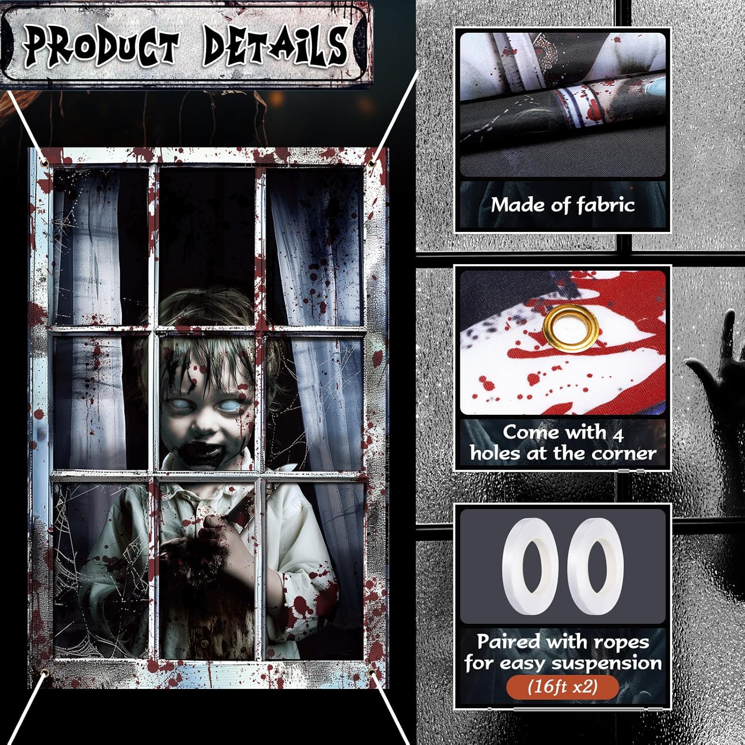 2 Pcs Halloween Clown Scary Curtain Halloween Window Silhouette Decoration Blood Ghost Window Cover Horror Theme Window Poster for Indoor Outdoor Party Wall Garage Door Decor