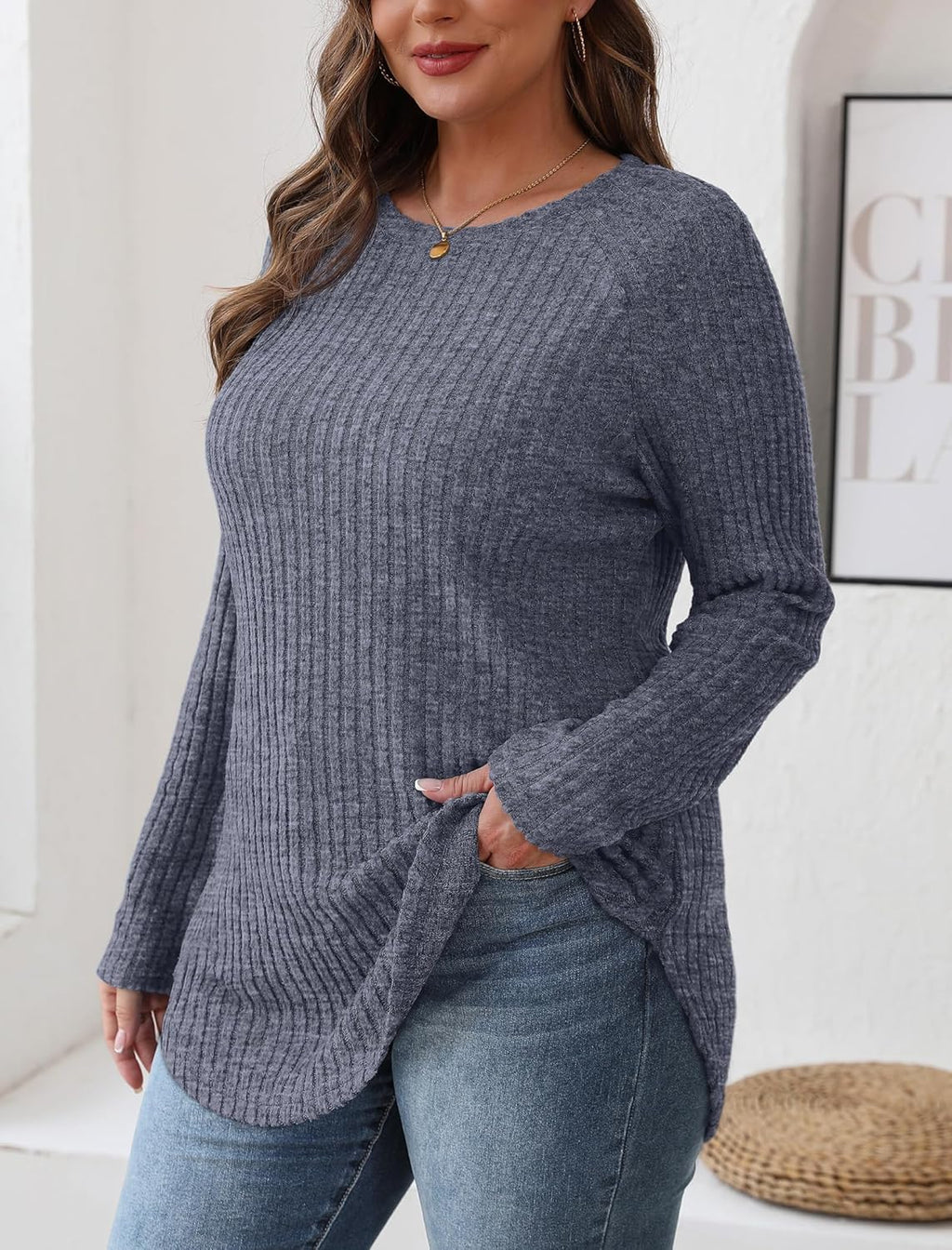 Saloogoe Long Sleeve Shirts for Women 2025 Fall Clothes Tunic Tops Loose Fit Dressy Crewneck Pullover Sweaters Curved Hem