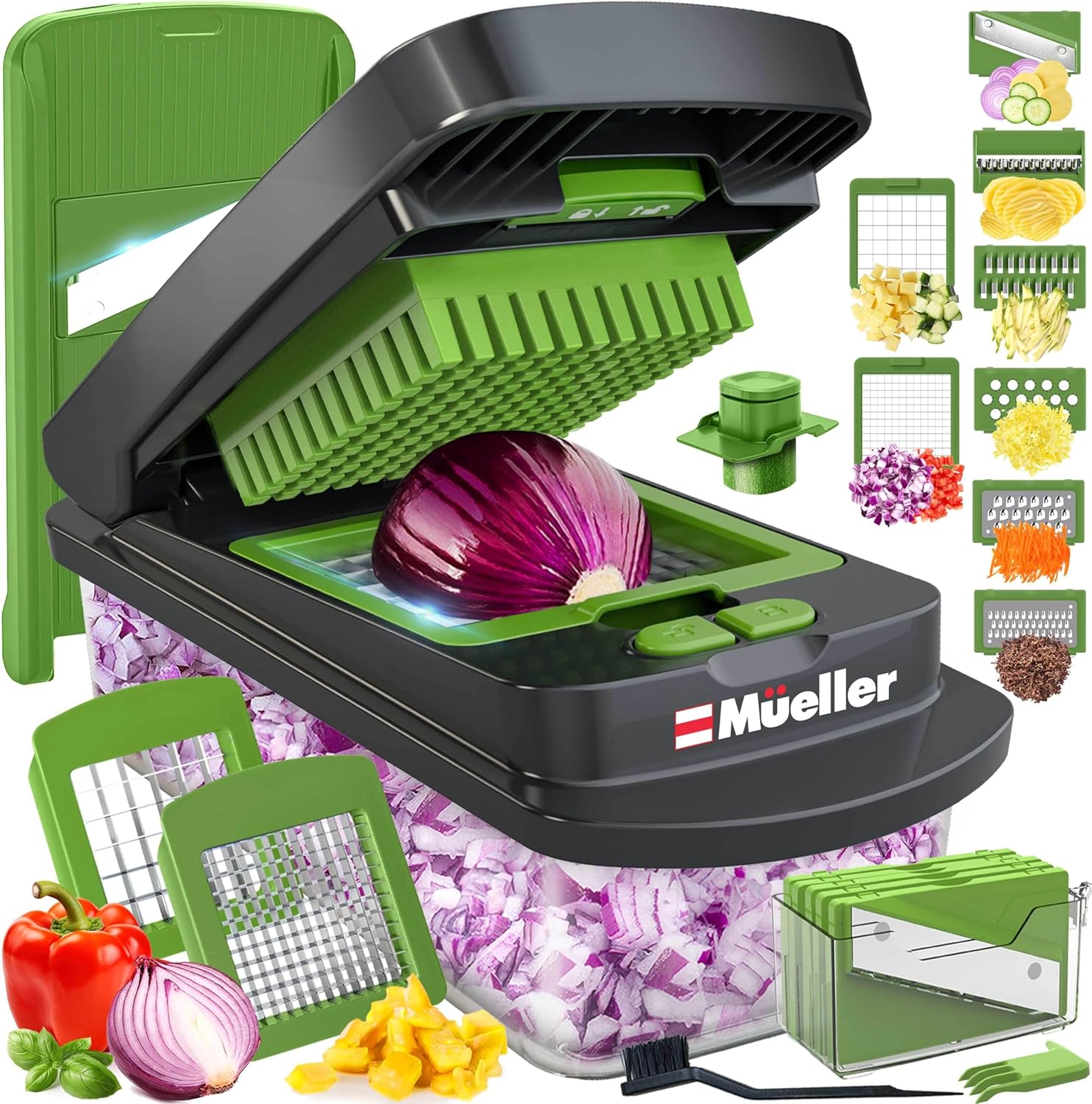 Mueller Pro-Series All-in-One, 12 Blade Mandoline Slicer for Kitchen, Food Chopper, Vegetable Slicer and Spiralizer, Cutter, Dicer, Grater, Kitchen Gadgets Sets with Container, White Sand/Gray