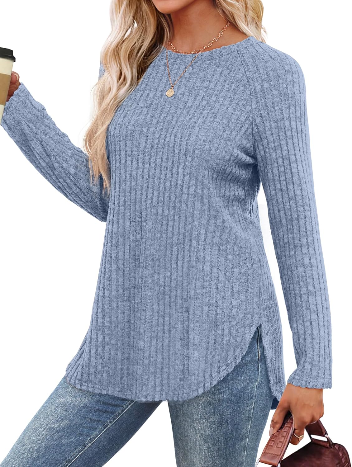 Saloogoe Long Sleeve Shirts for Women 2025 Fall Clothes Tunic Tops Loose Fit Dressy Crewneck Pullover Sweaters Curved Hem