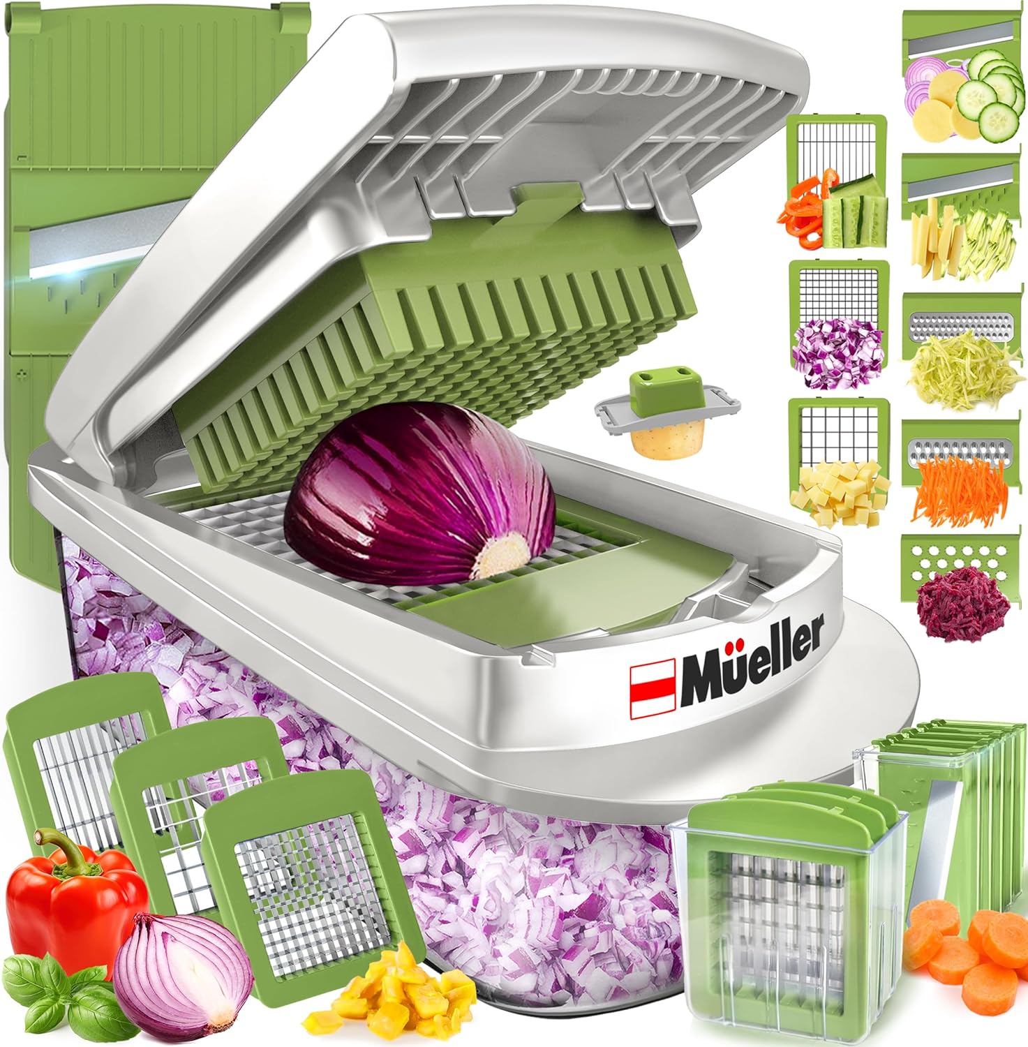 Mueller Pro-Series All-in-One, 12 Blade Mandoline Slicer for Kitchen, Food Chopper, Vegetable Slicer and Spiralizer, Cutter, Dicer, Grater, Kitchen Gadgets Sets with Container, White Sand/Gray