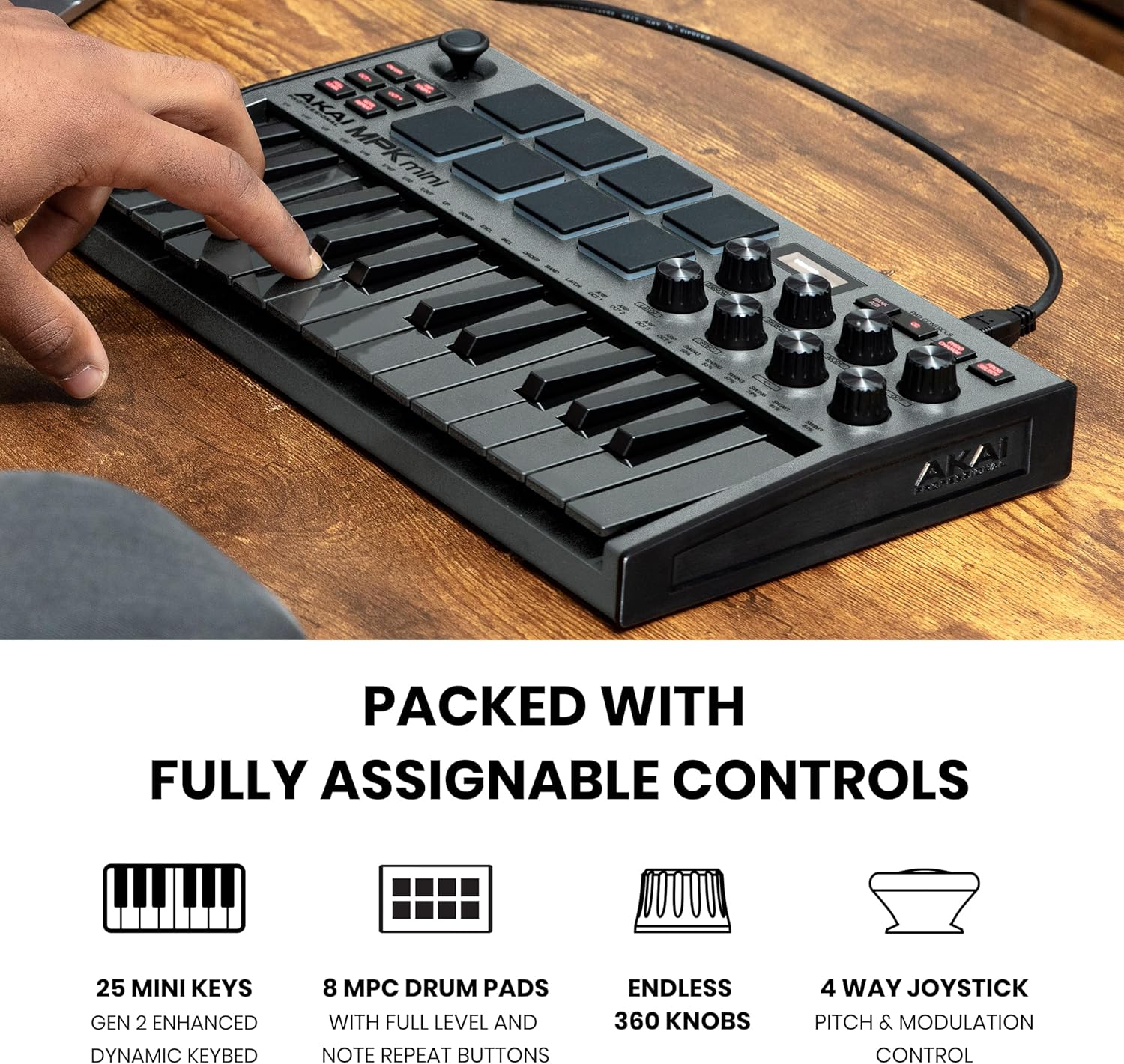 Akai Professional MPK Mini MK3 - 25 Key USB MIDI Keyboard Controller With 8 Backlit Drum Pads, 8 Knobs, Music Production Software and Native Instruments Sound Package (NKS Integration)