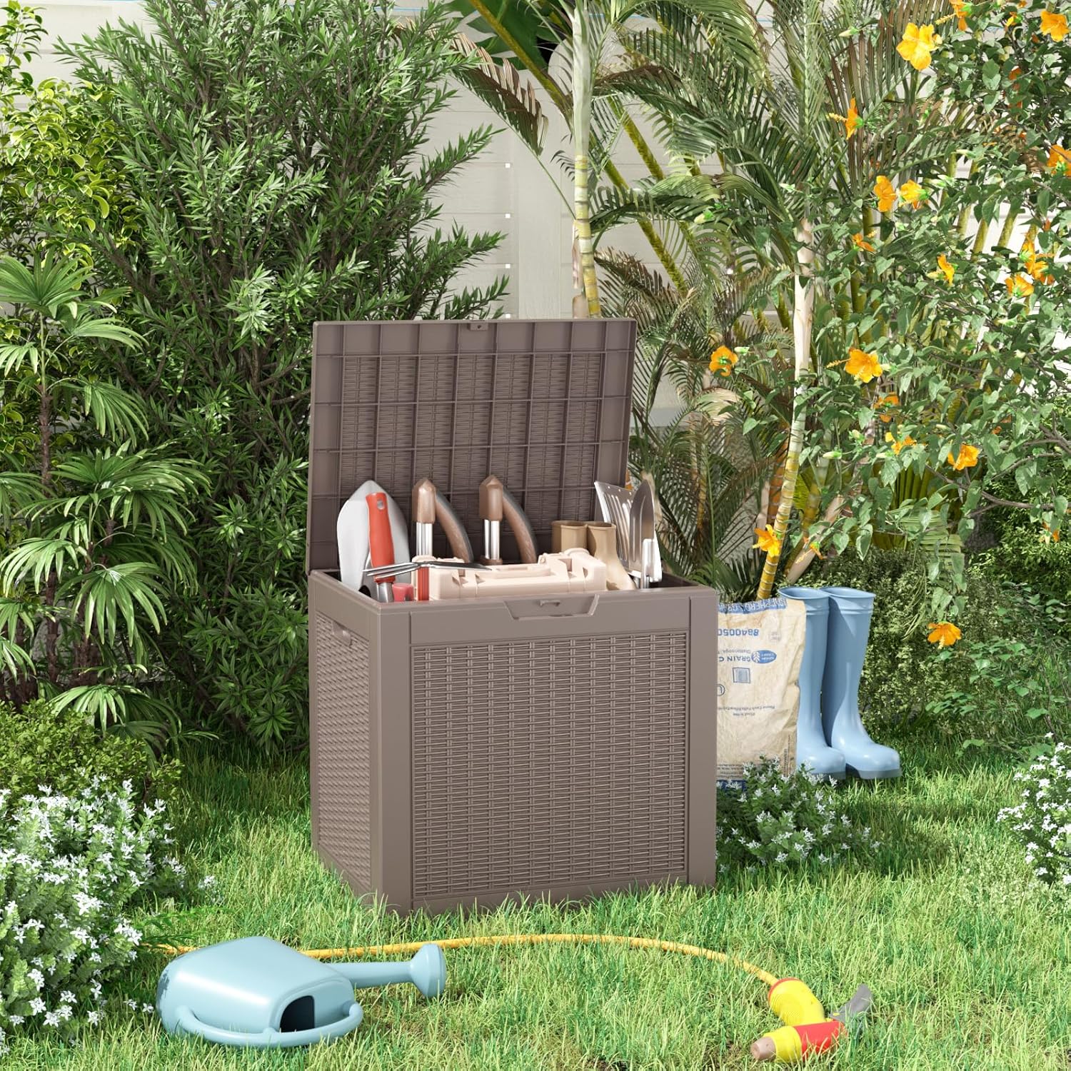 80 Gallon Resin Deck Box, Lockable Patio Outdoor Storage Box for Furniture, Garden Tools and Tools Storage, Waterproof Outside Storage Box - Black