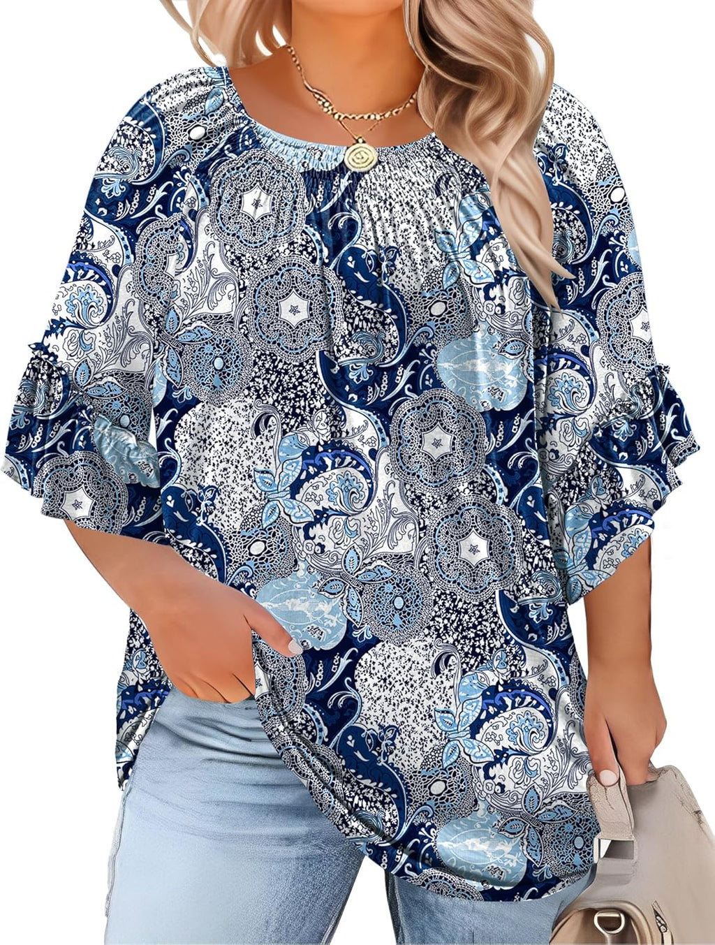 Micoson Womens Plus Size Tops 3/4 Ruffle Sleeve Shirts Crewneck Pleated Blouses Dressy Casual Fashion Tunic Top (1X-5X)