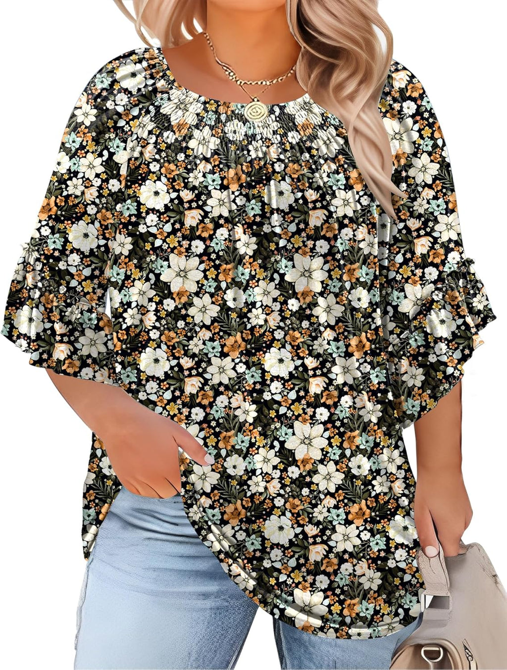 Micoson Womens Plus Size Tops 3/4 Ruffle Sleeve Shirts Crewneck Pleated Blouses Dressy Casual Fashion Tunic Top (1X-5X)