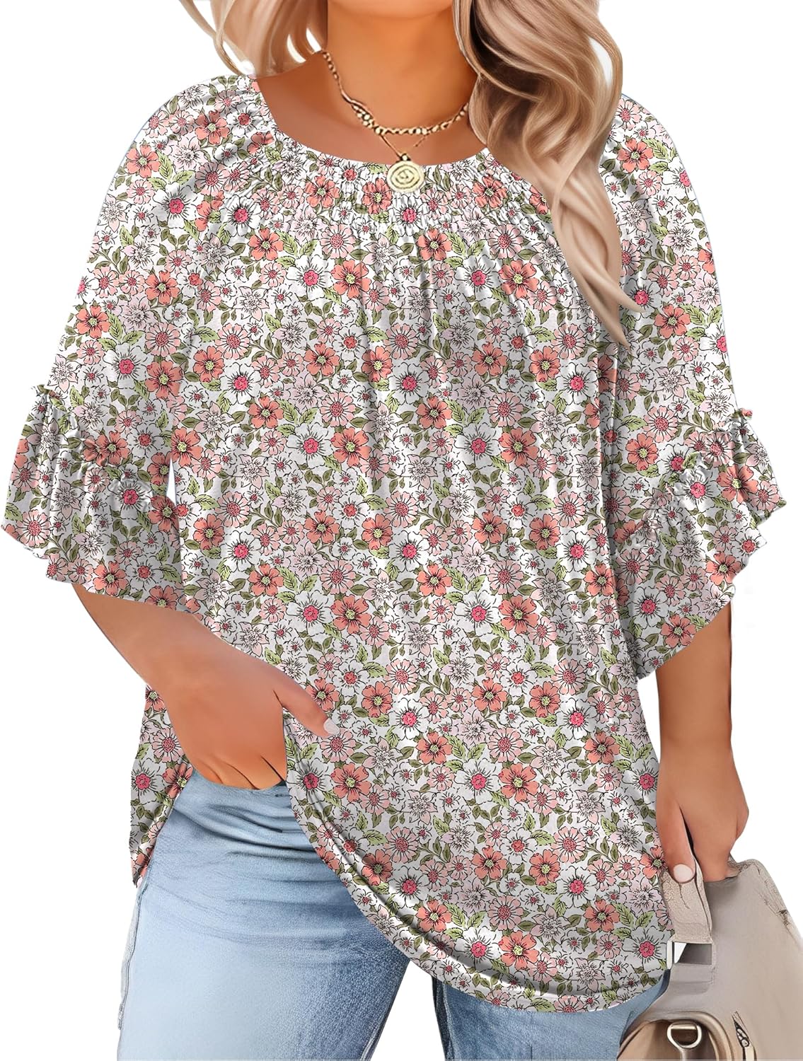 Micoson Womens Plus Size Tops 3/4 Ruffle Sleeve Shirts Crewneck Pleated Blouses Dressy Casual Fashion Tunic Top (1X-5X)