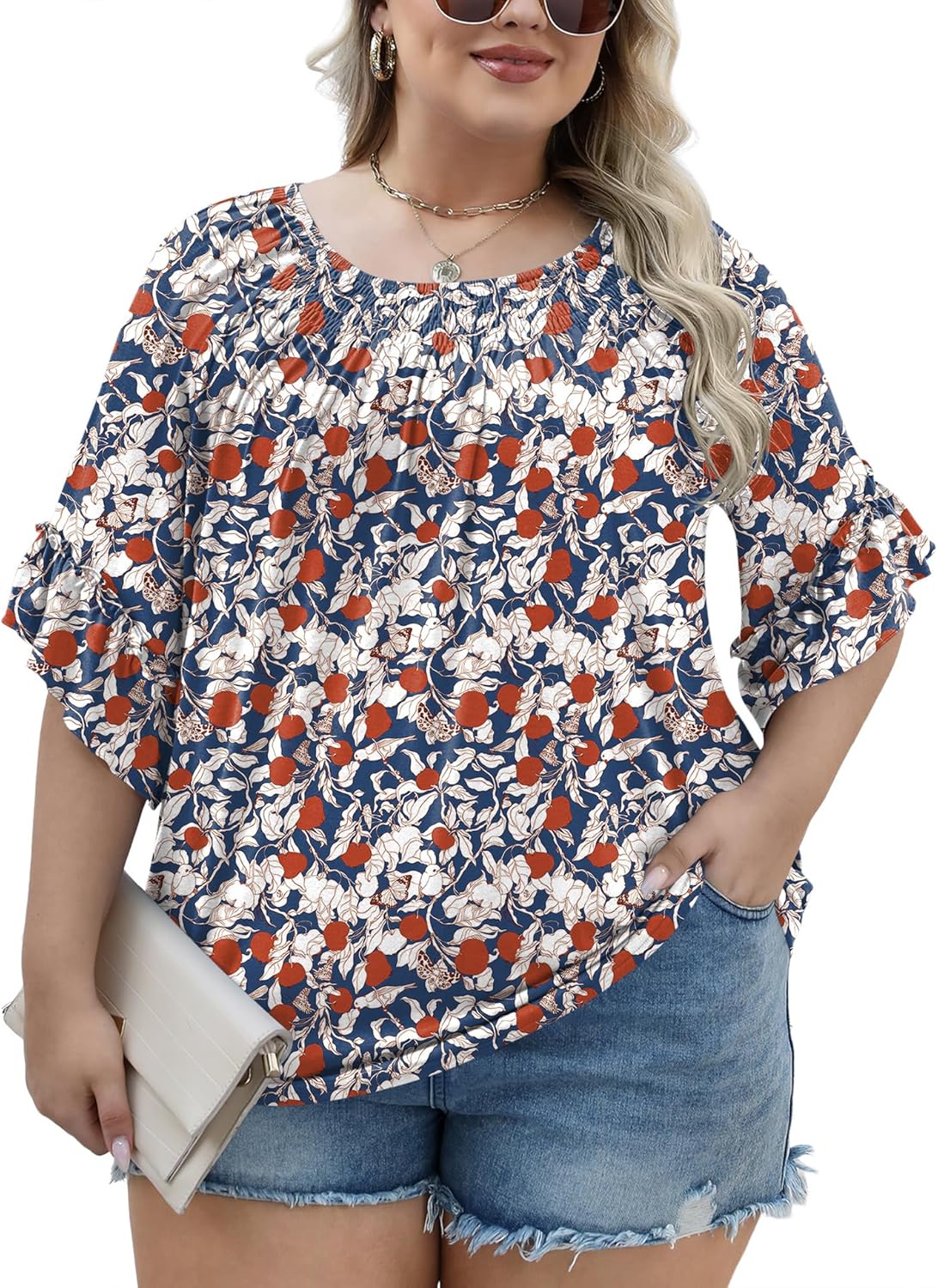 Micoson Womens Plus Size Tops 3/4 Ruffle Sleeve Shirts Crewneck Pleated Blouses Dressy Casual Fashion Tunic Top (1X-5X)