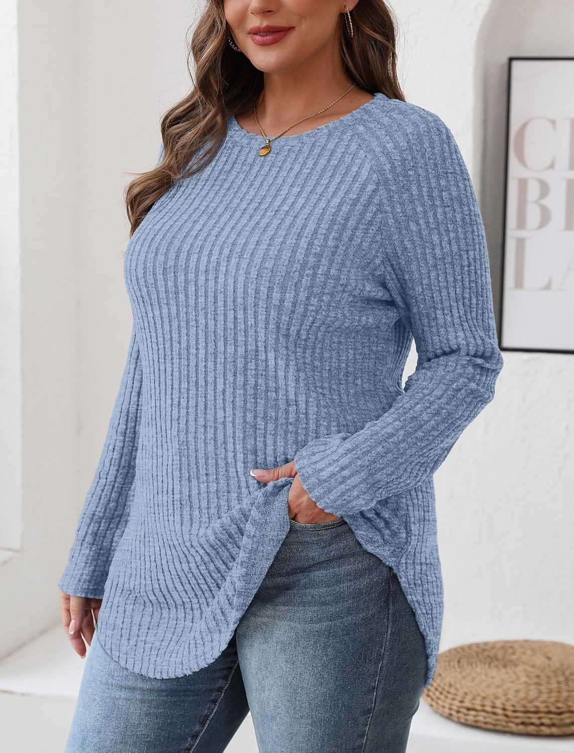 Saloogoe Long Sleeve Shirts for Women 2025 Fall Clothes Tunic Tops Loose Fit Dressy Crewneck Pullover Sweaters Curved Hem