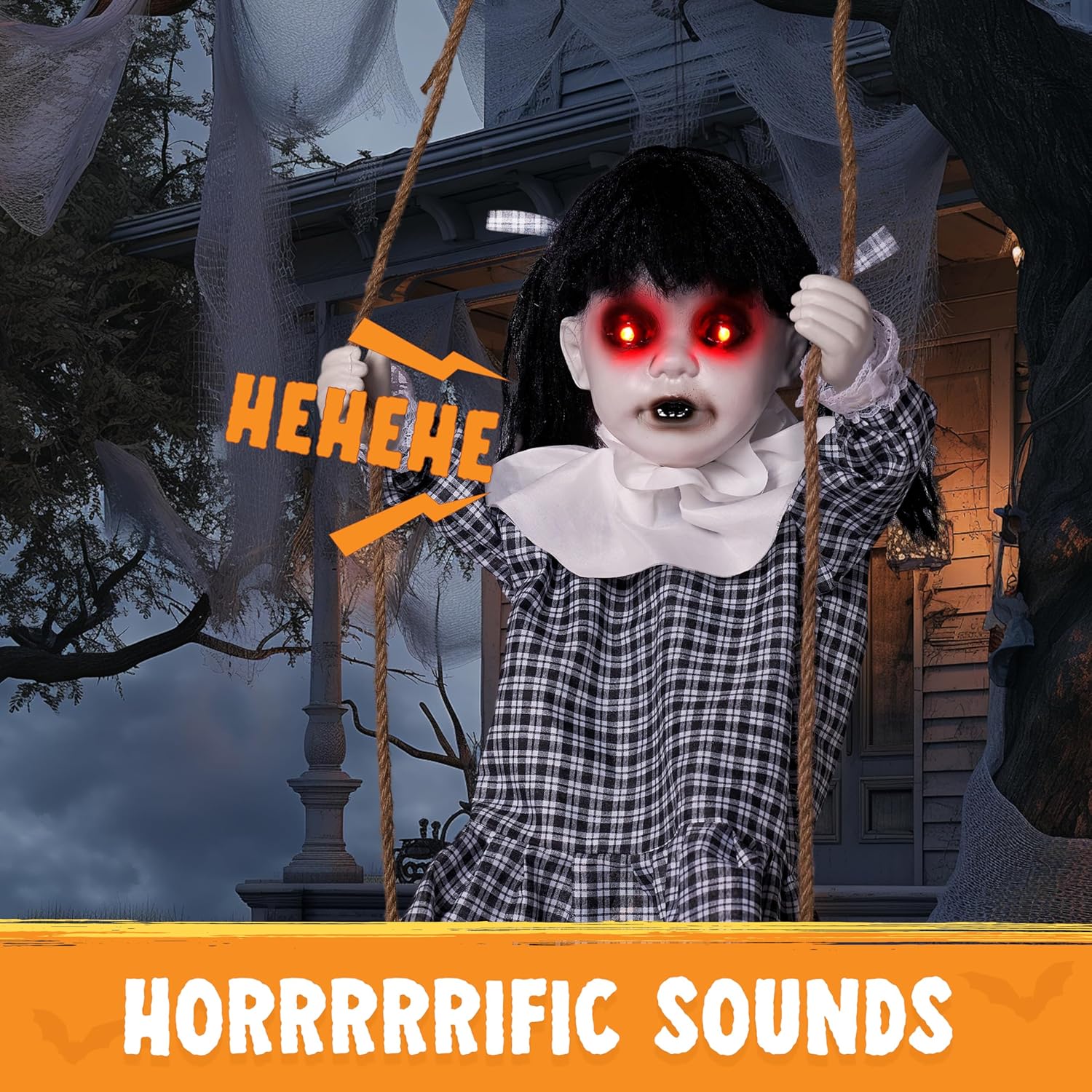 JOYIN Scary Halloween Decorations Outdoor, Halloween Hanging Scary Swing Girl Decorations Winging White Doll with Creepy Sound and Light Up Eyes Sound, Animatronics Hanging Decors Activated