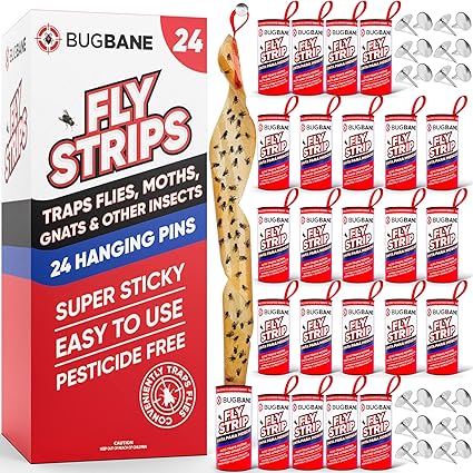 Fly Strips Indoor Sticky Hanging 24pk with Pins. Non Toxic Outdoor Fly Trap Indoor for Home. Flies Tape Paper Trap Ribbon Roll for House Gnat Fruit and Housefly. Bug Catchers for Inside Home Flypaper