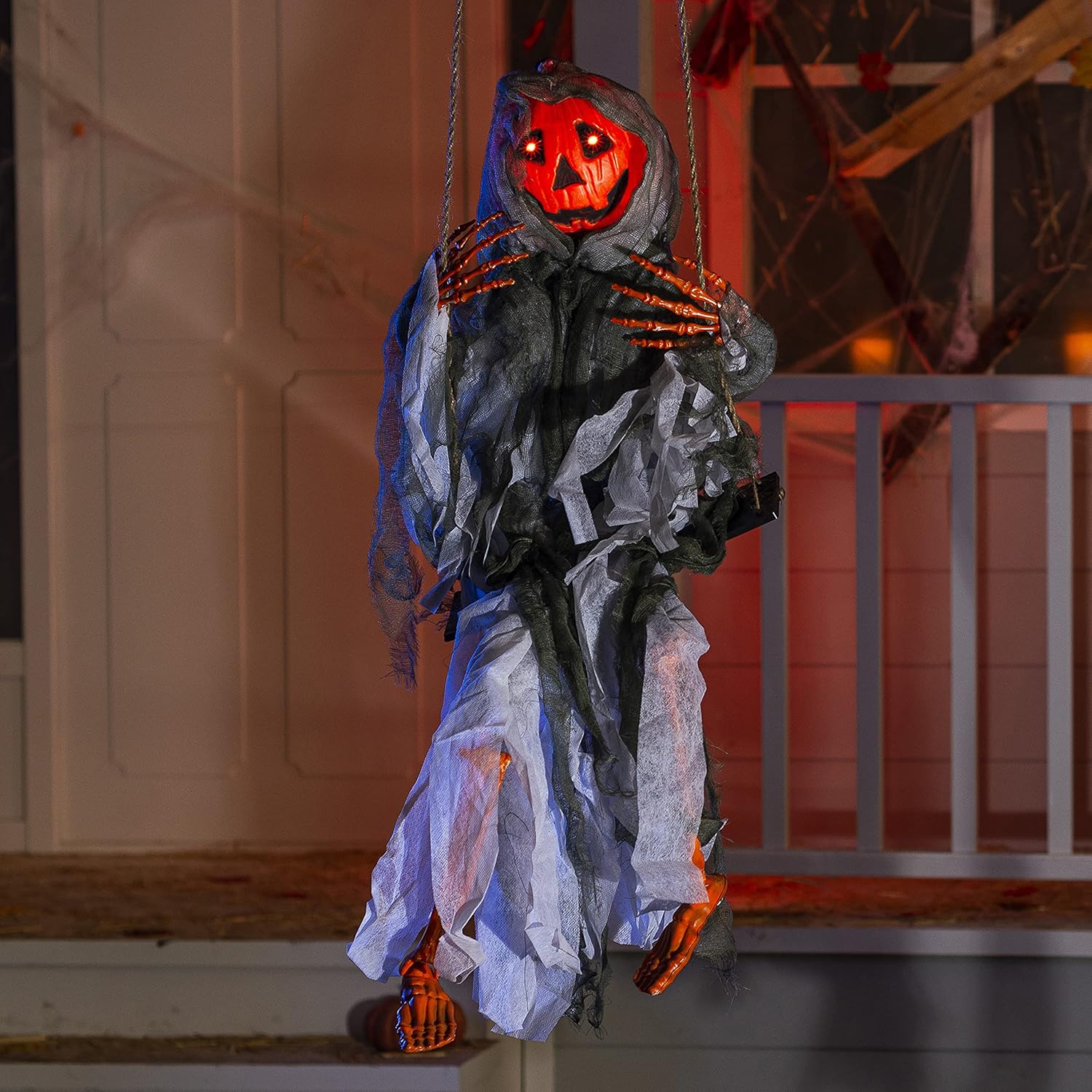 JOYIN 2 Pcs Halloween Hanging Swinging Ghosts Decorations Outdoor, Halloween Scary Decor with Lighted Up Eyes, Creepy Swinging Skeleton Flying Props for Yard Patio Lawn Garden