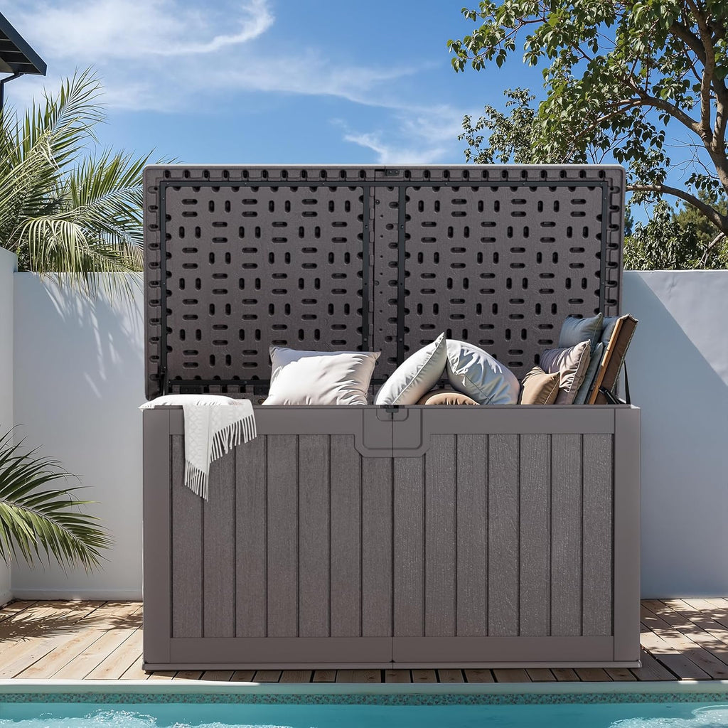 Greesum 31 Gallon Resin Deck Box Large Outdoor Storage for Patio Furniture, Garden Tools, Pool Supplies, Weatherproof and UV Resistant, Lockable, Dark Black