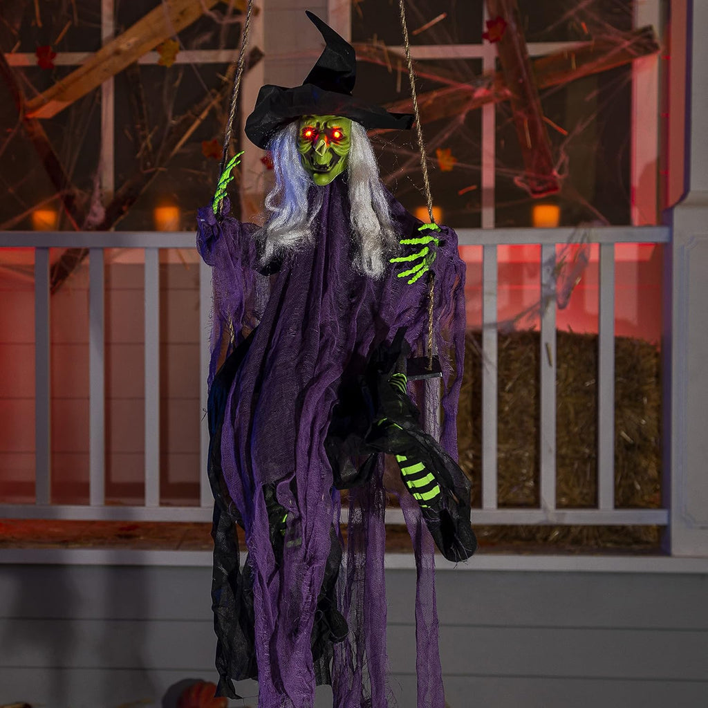 JOYIN 2 Pcs Halloween Hanging Swinging Ghosts Decorations Outdoor, Halloween Scary Decor with Lighted Up Eyes, Creepy Swinging Skeleton Flying Props for Yard Patio Lawn Garden