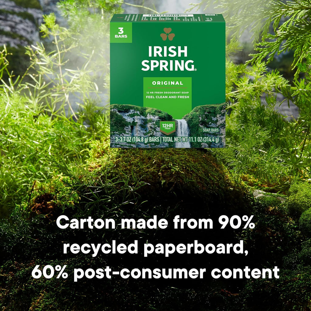 Irish Spring Bar Soap for Men, Original Clean, Smell Fresh and Clean for 12 Hours, Men Soap Bars for Washing Hands and Body, Mild for Skin, Recyclable Carton, 3.7 Ounce - 3 Count (Pack of 8)