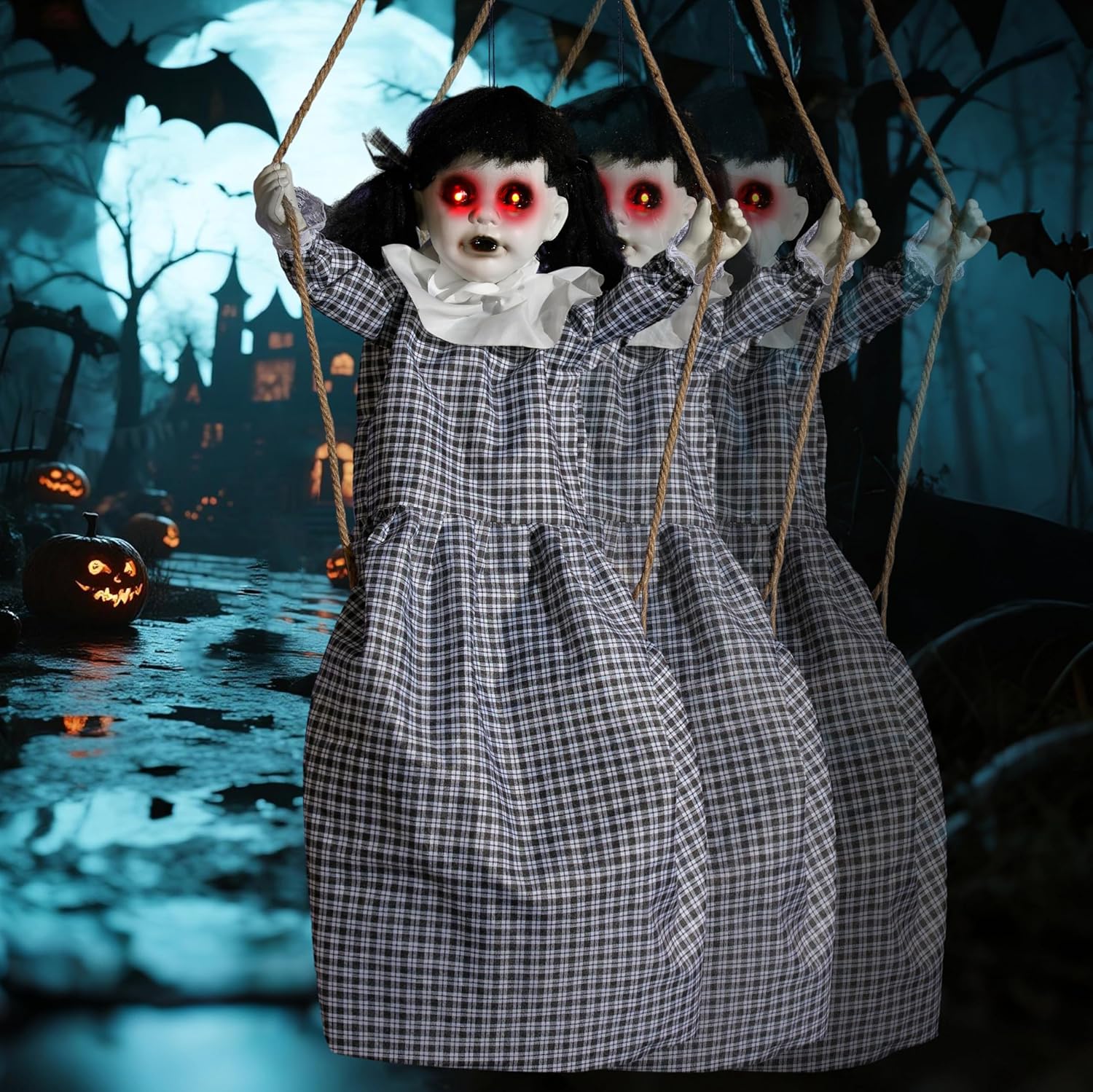 JOYIN Scary Halloween Decorations Outdoor, Halloween Hanging Scary Swing Girl Decorations Winging White Doll with Creepy Sound and Light Up Eyes Sound, Animatronics Hanging Decors Activated