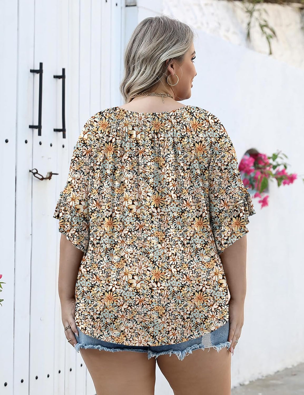 Micoson Womens Plus Size Tops 3/4 Ruffle Sleeve Shirts Crewneck Pleated Blouses Dressy Casual Fashion Tunic Top (1X-5X)