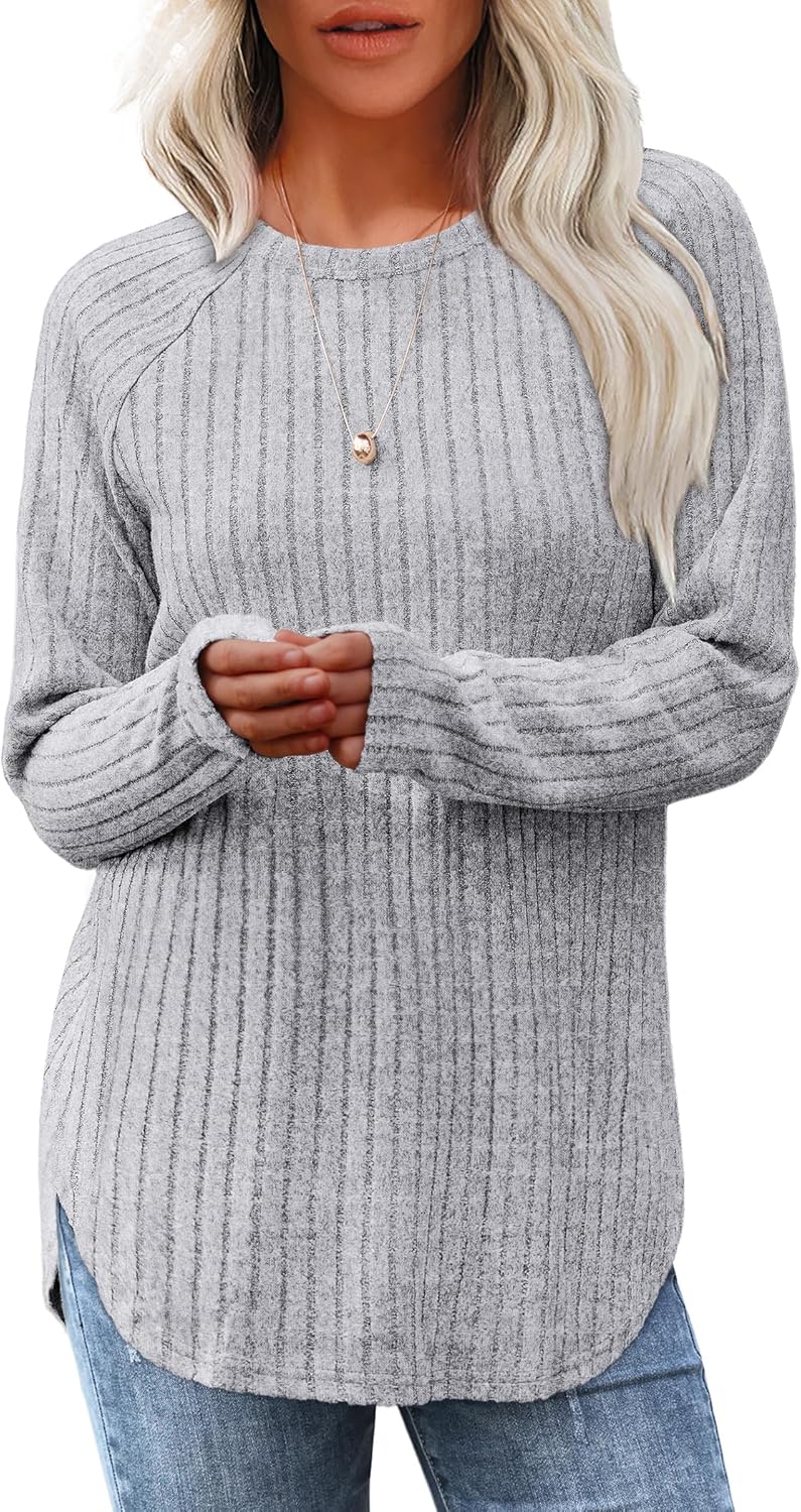 Saloogoe Long Sleeve Shirts for Women 2025 Fall Clothes Tunic Tops Loose Fit Dressy Crewneck Pullover Sweaters Curved Hem