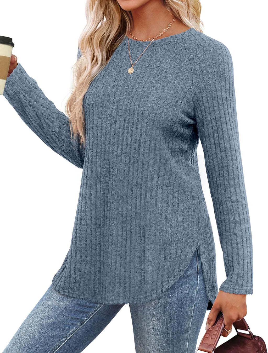 Saloogoe Long Sleeve Shirts for Women 2025 Fall Clothes Tunic Tops Loose Fit Dressy Crewneck Pullover Sweaters Curved Hem