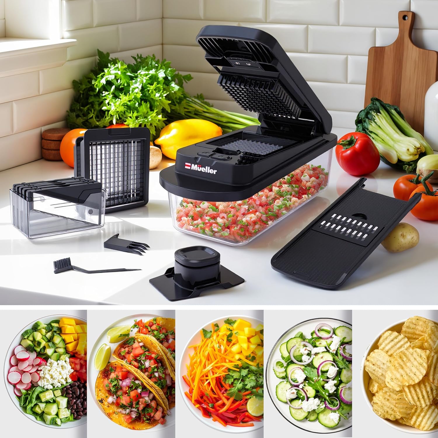 Mueller Pro-Series All-in-One, 12 Blade Mandoline Slicer for Kitchen, Food Chopper, Vegetable Slicer and Spiralizer, Cutter, Dicer, Grater, Kitchen Gadgets Sets with Container, White Sand/Gray