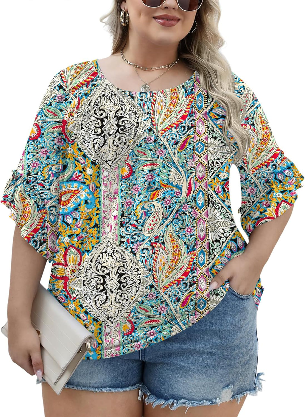 Micoson Womens Plus Size Tops 3/4 Ruffle Sleeve Shirts Crewneck Pleated Blouses Dressy Casual Fashion Tunic Top (1X-5X)