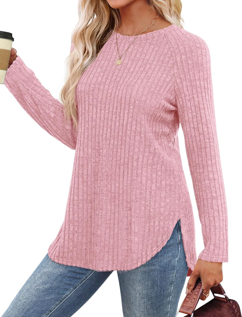 Saloogoe Long Sleeve Shirts for Women 2025 Fall Clothes Tunic Tops Loose Fit Dressy Crewneck Pullover Sweaters Curved Hem