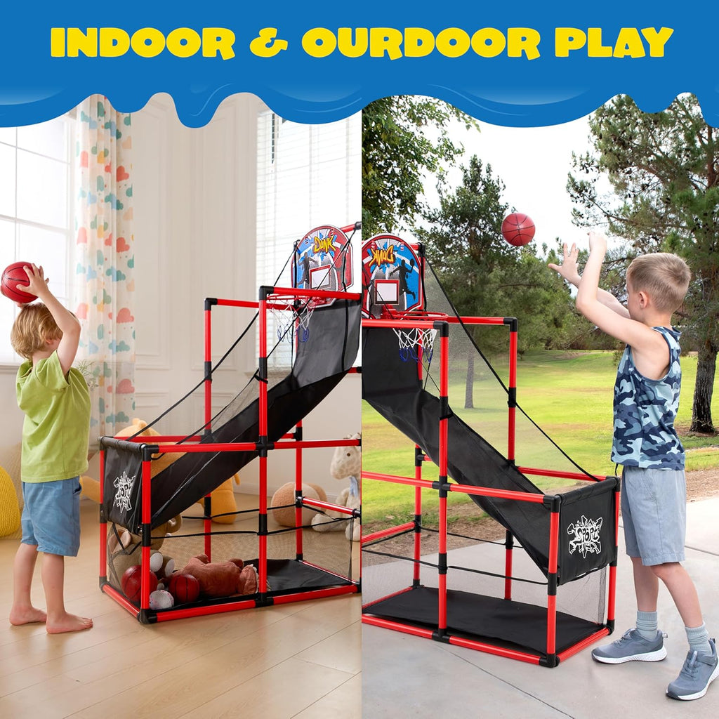 JOYIN Arcade Basketball Game Set with 4 Balls and Hoop for Kids 3 to 12 Years Old Indoor Outdoor Sport Play - Easy Set Up - Air Pump Included - Ideal for Competition
