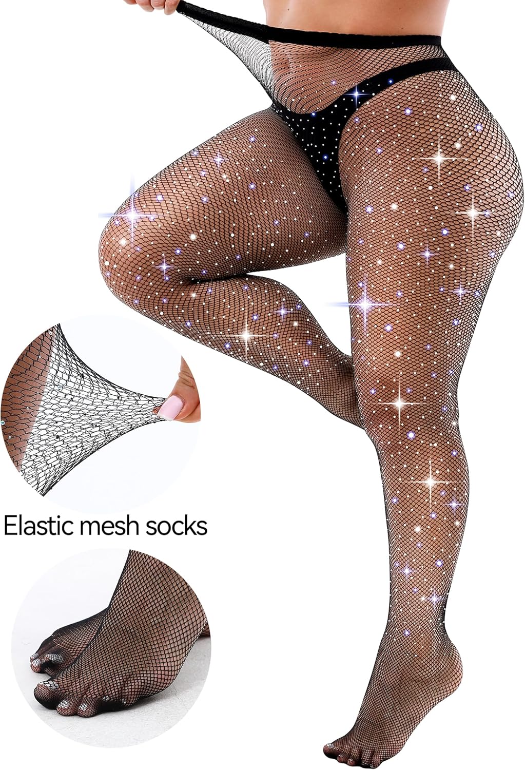 VEBZIN Sexy Sparkly Fishnets Stockings Jeweled High Waist Fishnet Tights for Women Rhinestone Party Pantyhose