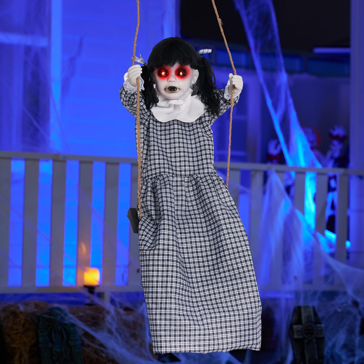 JOYIN Scary Halloween Decorations Outdoor, Halloween Hanging Scary Swing Girl Decorations Winging White Doll with Creepy Sound and Light Up Eyes Sound, Animatronics Hanging Decors Activated