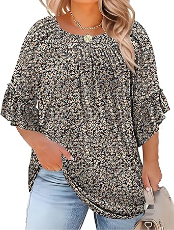 Micoson Womens Plus Size Tops 3/4 Ruffle Sleeve Shirts Crewneck Pleated Blouses Dressy Casual Fashion Tunic Top (1X-5X)