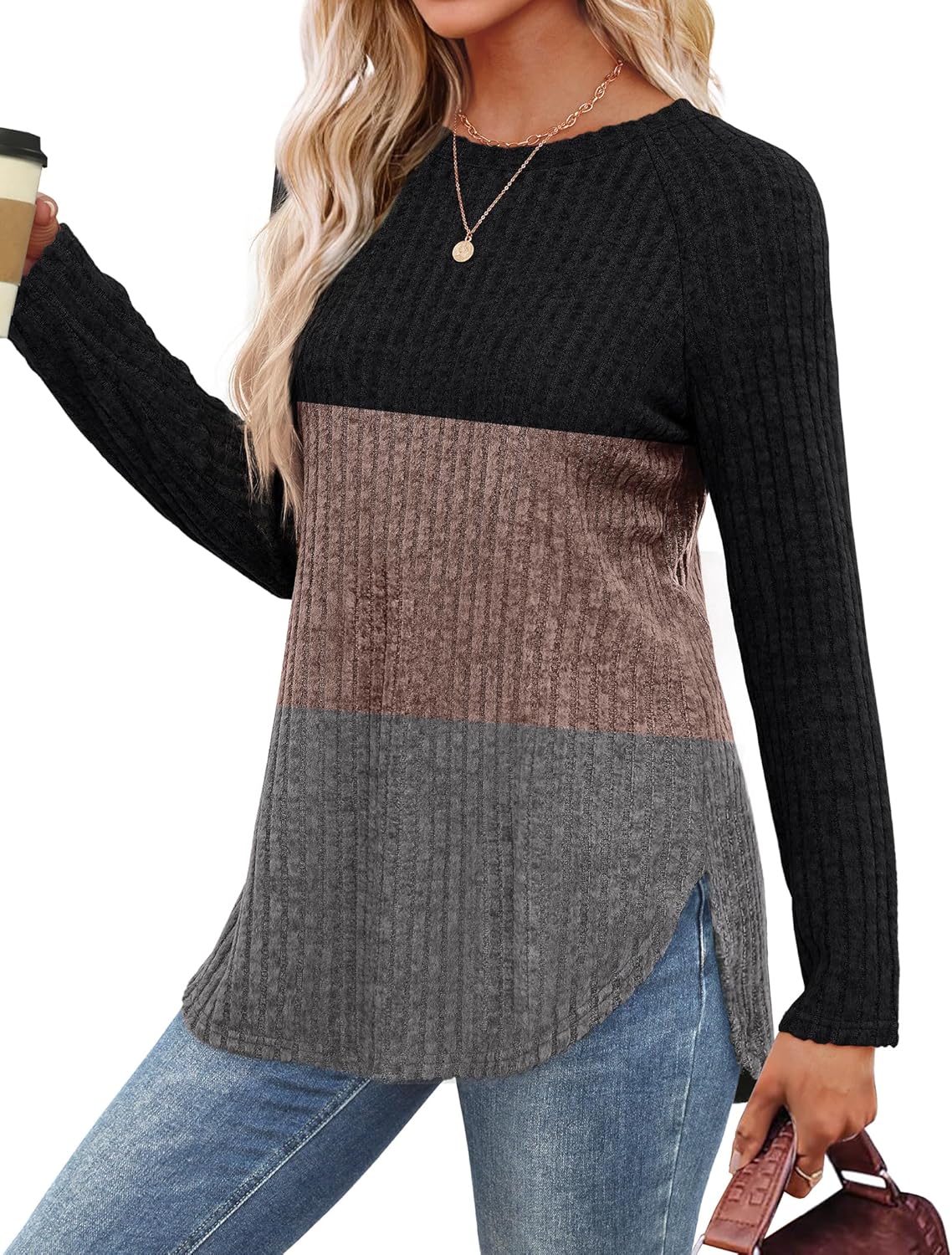 Saloogoe Long Sleeve Shirts for Women 2025 Fall Clothes Tunic Tops Loose Fit Dressy Crewneck Pullover Sweaters Curved Hem