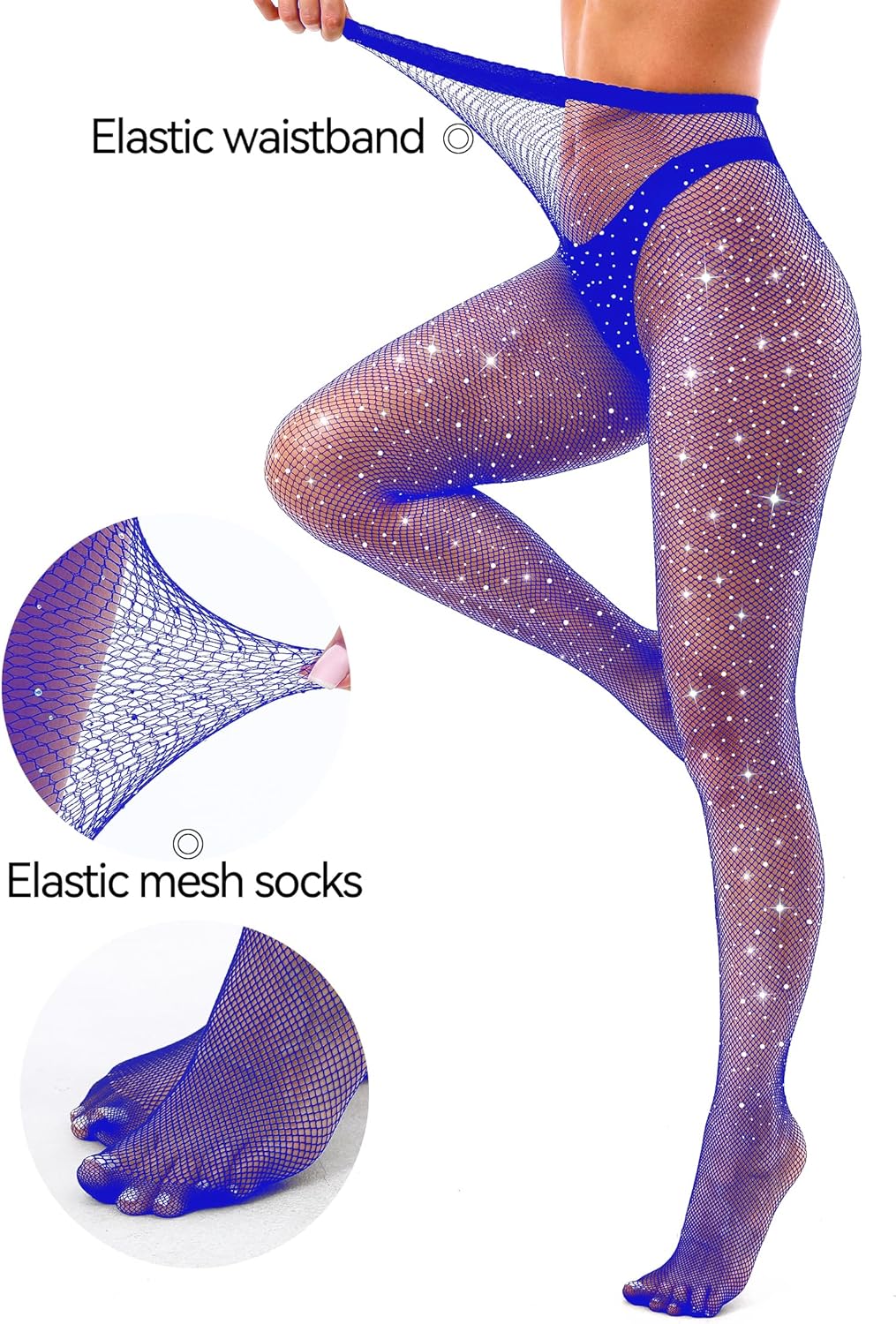 VEBZIN Sexy Sparkly Fishnets Stockings Jeweled High Waist Fishnet Tights for Women Rhinestone Party Pantyhose