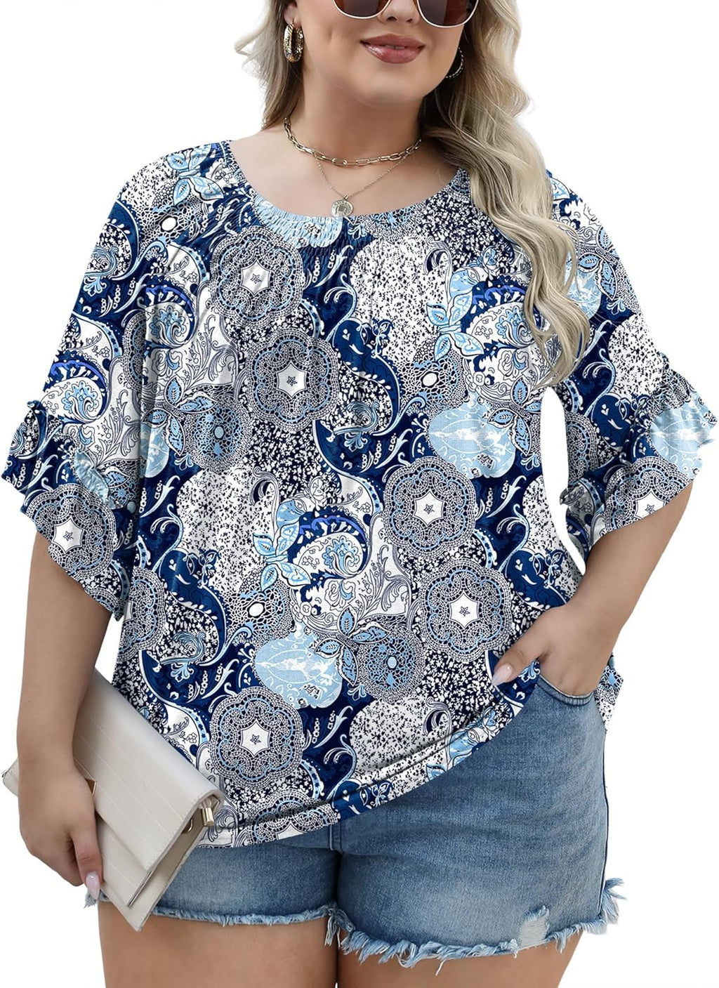 Micoson Womens Plus Size Tops 3/4 Ruffle Sleeve Shirts Crewneck Pleated Blouses Dressy Casual Fashion Tunic Top (1X-5X)