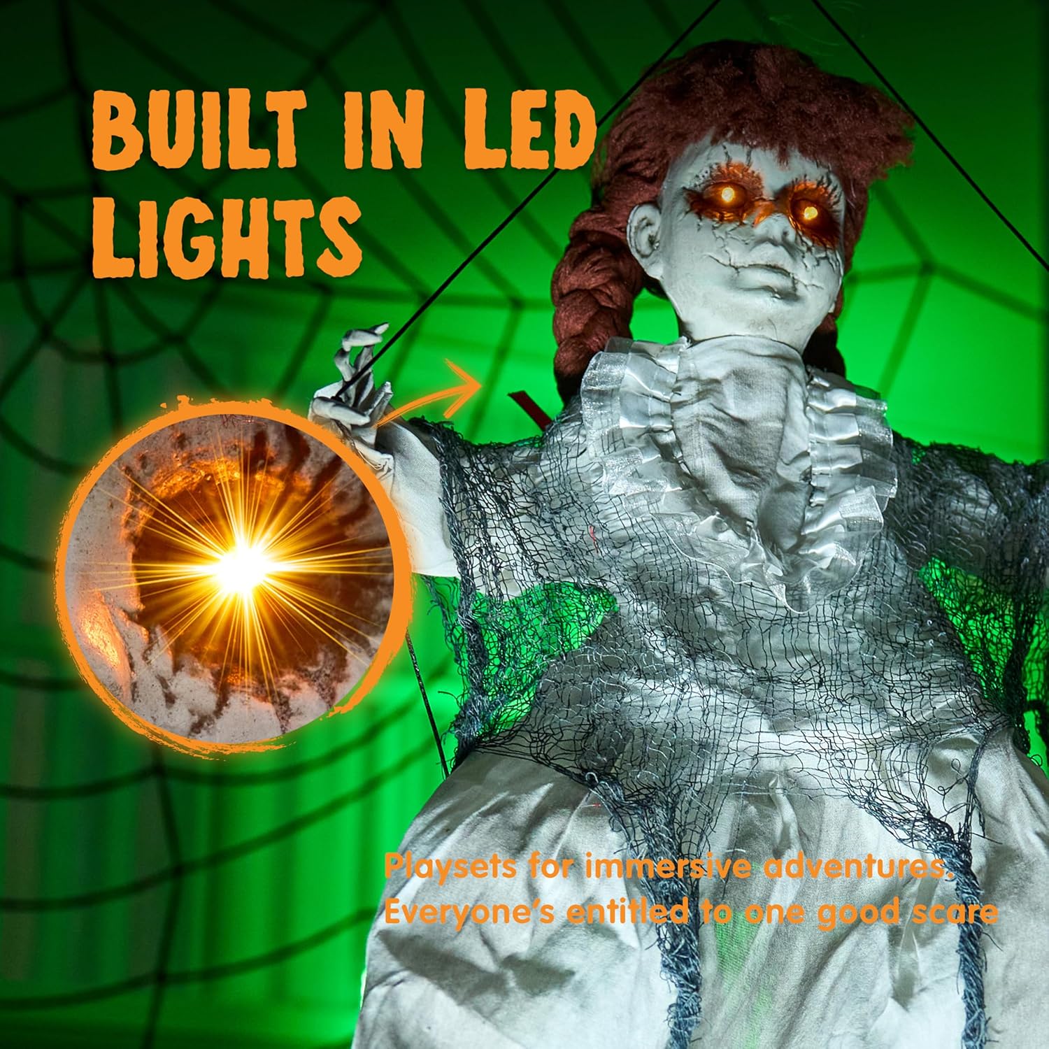 JOYIN Scary Halloween Decorations Outdoor, Halloween Hanging Scary Swing Girl Decorations Winging White Doll with Creepy Sound and Light Up Eyes Sound, Animatronics Hanging Decors Activated